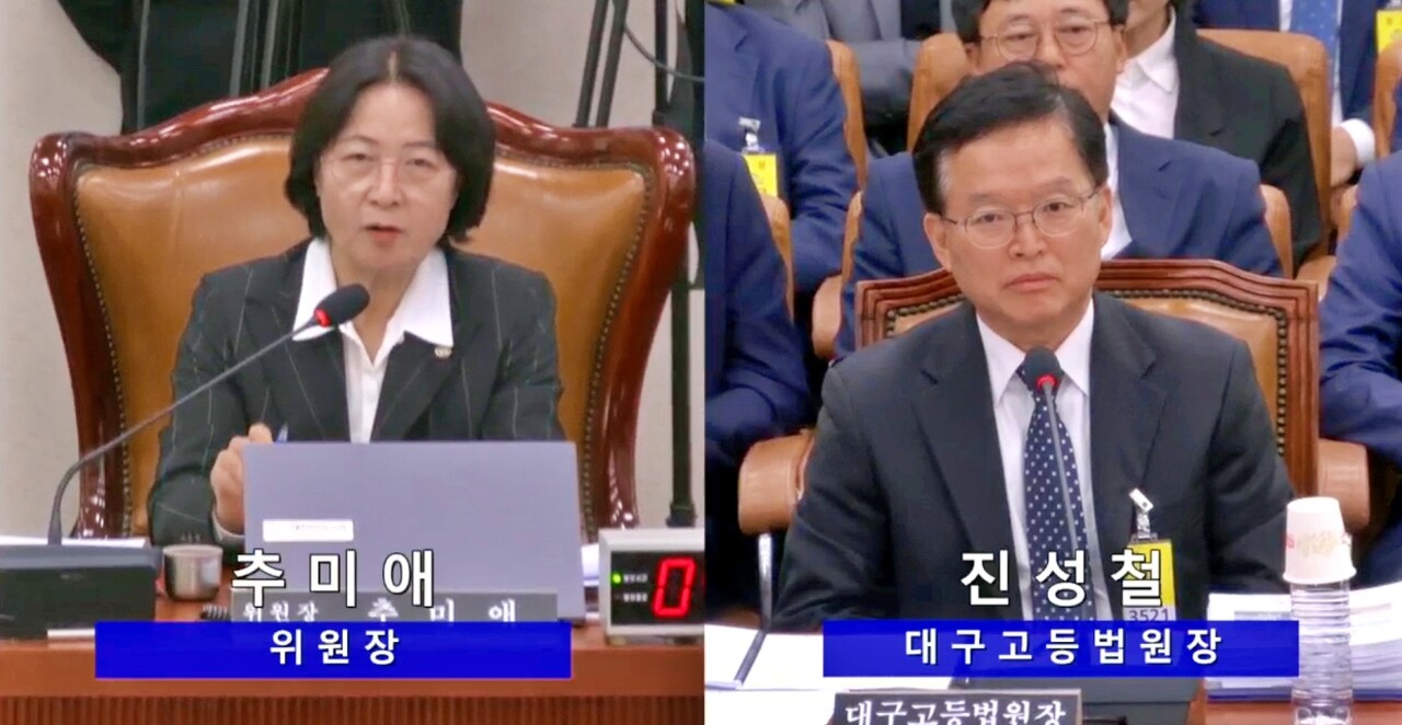 국회 법제사법위원회 국정감사...(왼쪽부터) 추미애 위원장, 진성철 대구고등법원장(2025.10.21) / 화면 캡쳐.국회 인터넷의사중계시스템