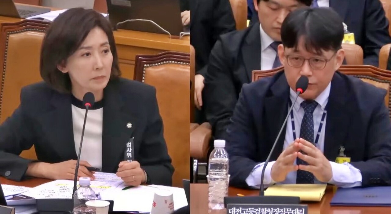 (왼쪽) 국민의힘 나경원 의원이 민경호(오른쪽) 대전고검장 직무대리를 상대로 검찰 해체 관련 질의 중이다.(2025.10.21) / 화면 캡쳐.국회방송