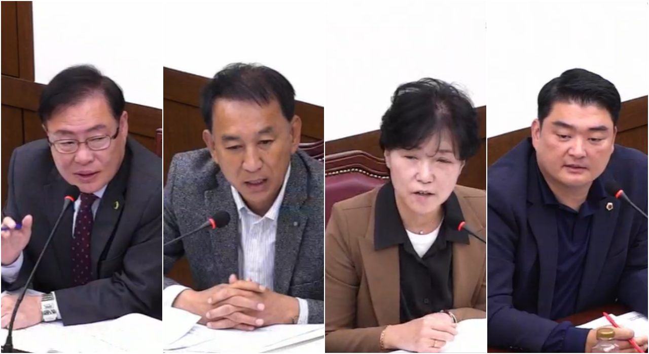 (왼쪽부터)국민의힘 김대현, 이성오, 민주당 육정미, 국민의힘 류종우 대구시의원이 대구경북행정통합추진단에 대한 대구시의회 행정감사에서 질타를 하고 있다.(2025.11.7) / 사진.대구시의회