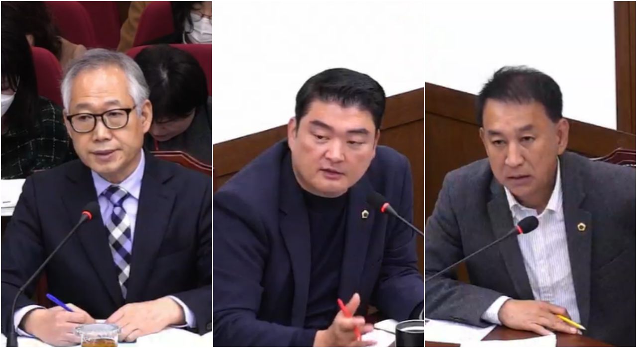 (왼쪽부터)이중구 대구광역시 자치경찰위원장, 대구시의회 기획행정위원회 소속 류종우, 이성오 대구시의원이 행정감사에서 질의를 하고 있다.(2025.11.17) / 사진.대구시의회 
