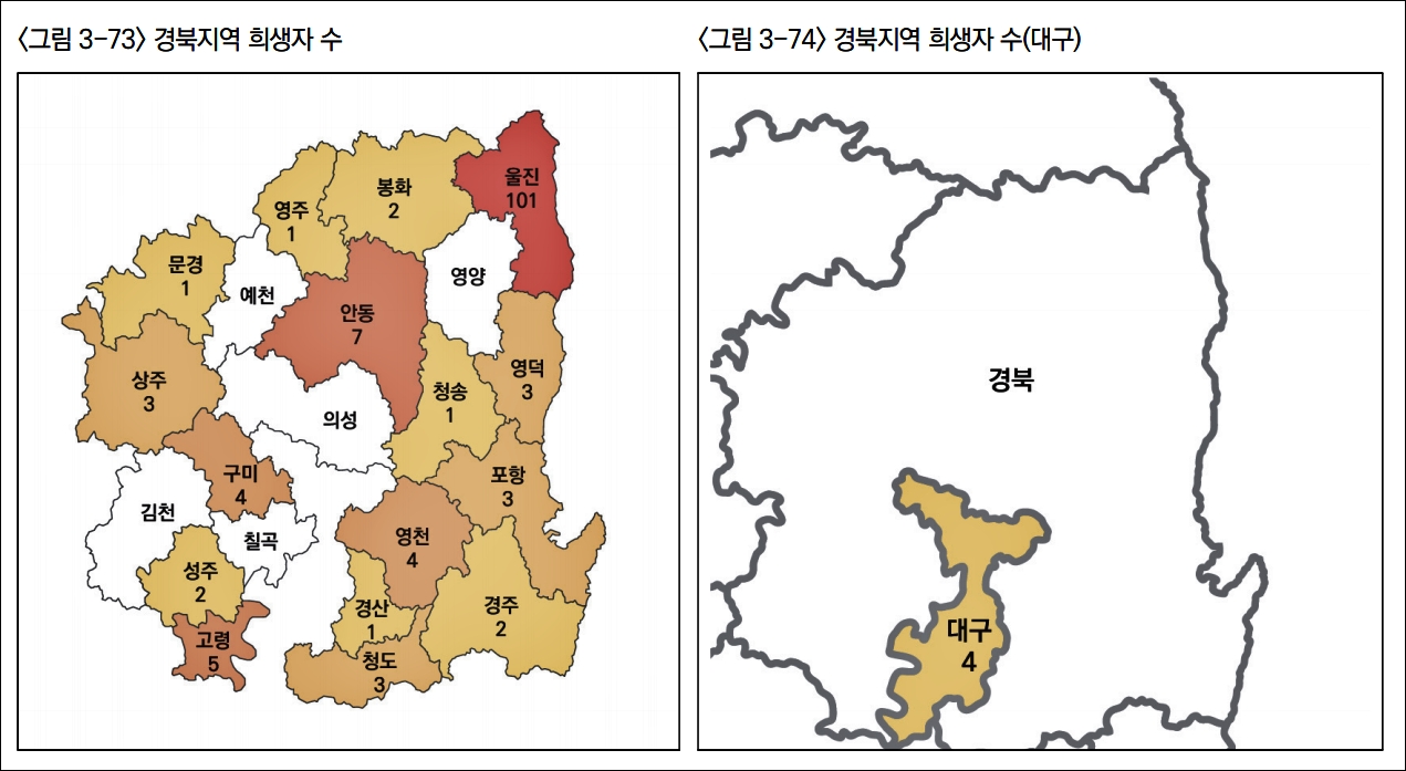 대구경북 지역별 민간인 희생자 수를 지도에 나타낸 모습(2025.11.18) / 자료.진실화해위원회 종합보고서